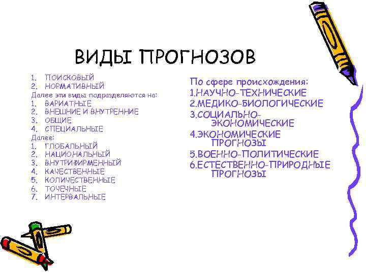 ВИДЫ ПРОГНОЗОВ 1. ПОИСКОВЫЙ 2. НОРМАТИВНЫЙ Далее эти виды подразделяются на: 1. ВАРИАТНЫЕ 2.