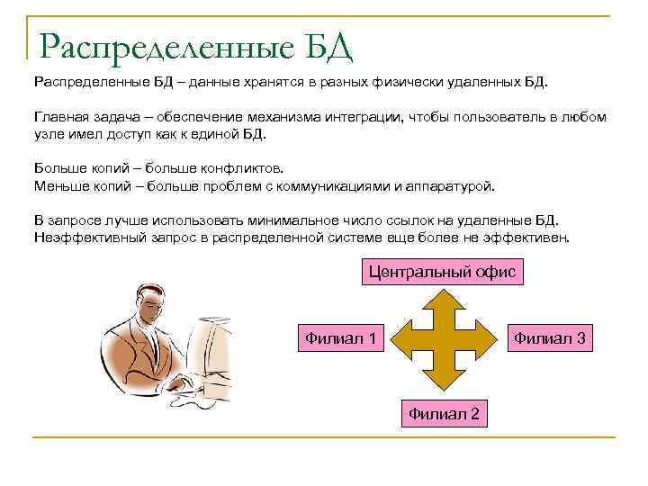 Распределенные БД – данные хранятся в разных физически удаленных БД. Главная задача – обеспечение