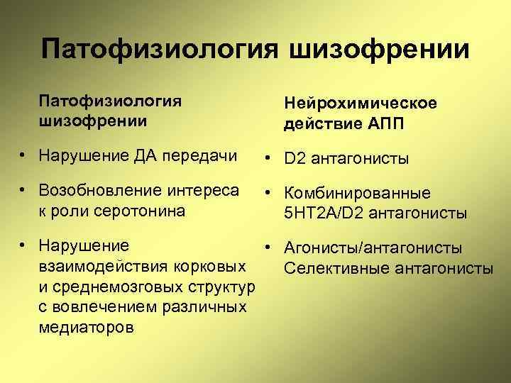 Патофизиология шизофрении Нейрохимическое действие АПП • Нарушение ДА передачи • D 2 антагонисты •