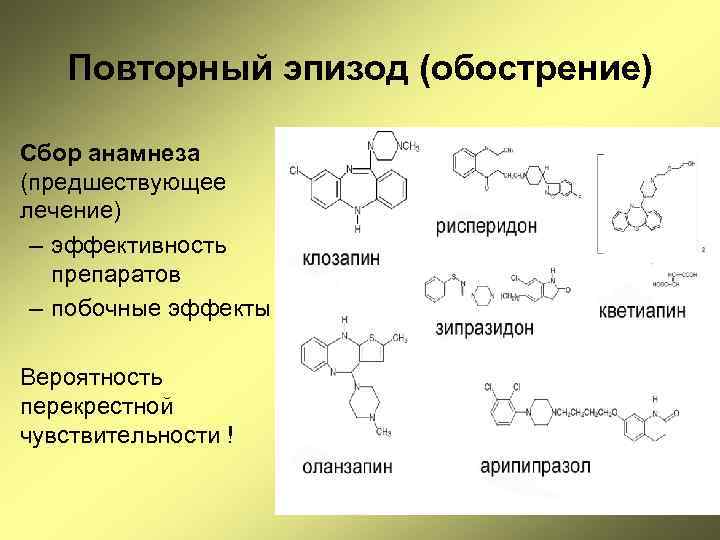 Повторный эпизод (обострение) Сбор анамнеза (предшествующее лечение) – эффективность препаратов – побочные эффекты Вероятность