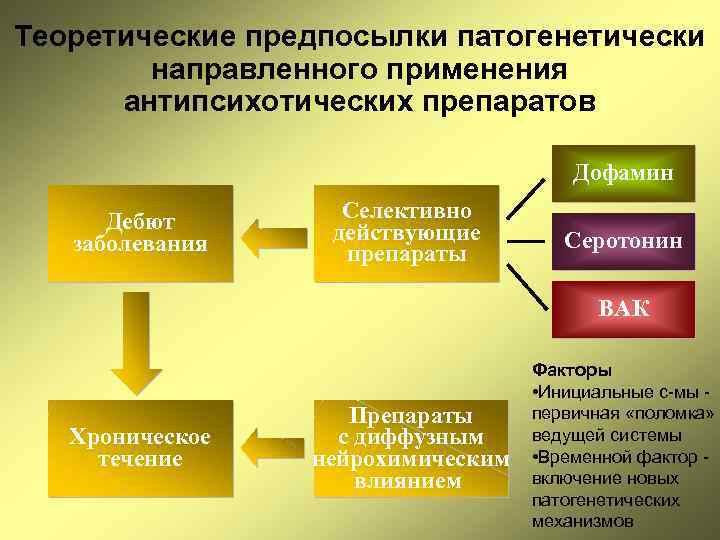 Теоретические предпосылки патогенетически направленного применения антипсихотических препаратов Дофамин Дебют заболевания Селективно действующие препараты Серотонин