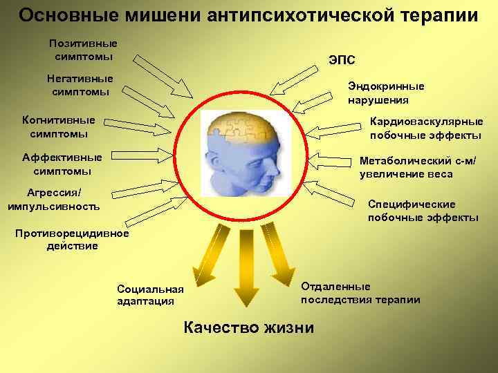 Основные мишени антипсихотической терапии Позитивные симптомы ЭПС Негативные симптомы Эндокринные нарушения Когнитивные симптомы Кардиоваскулярные