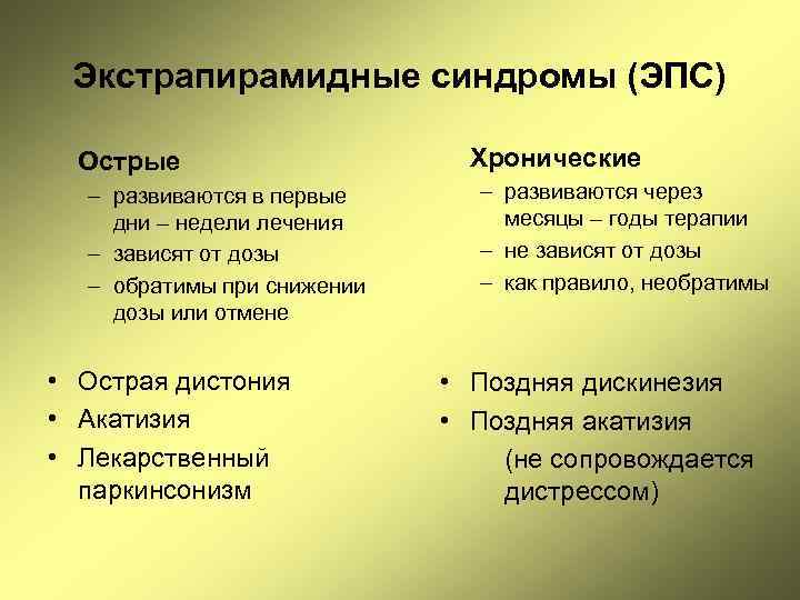 Экстрапирамидные синдромы (ЭПС) Острые – развиваются в первые дни – недели лечения – зависят