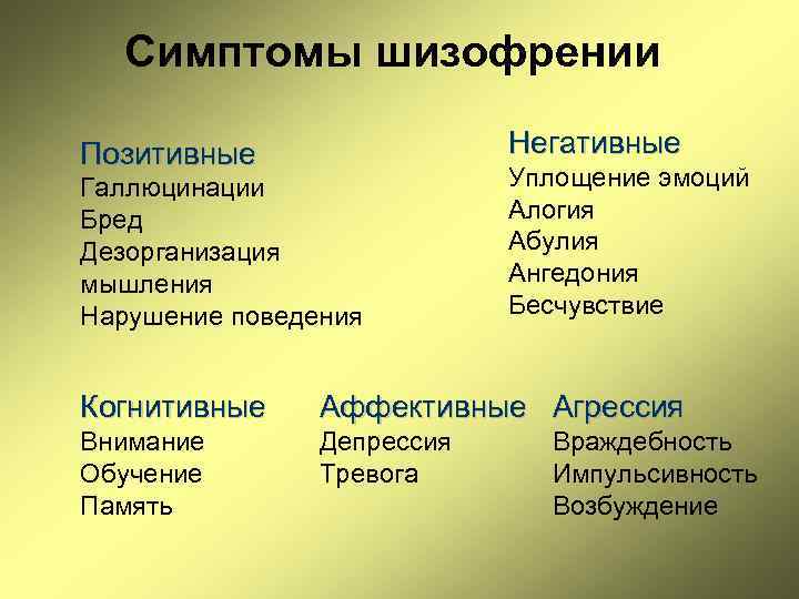 Симптомы шизофрении Негативные Позитивные Галлюцинации Бред Дезорганизация мышления Нарушение поведения Уплощение эмоций Алогия Абулия