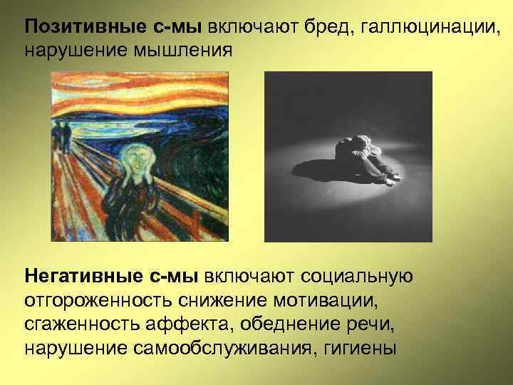 Позитивные с-мы включают бред, галлюцинации, нарушение мышления Негативные с-мы включают социальную отгороженность снижение мотивации,