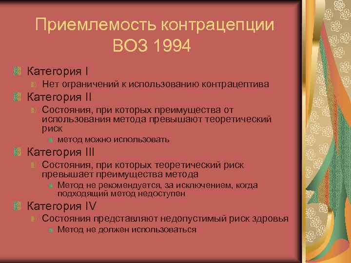 Приемлемость контрацепции ВОЗ 1994 Категория I Нет ограничений к использованию контрацептива Категория II Состояния,