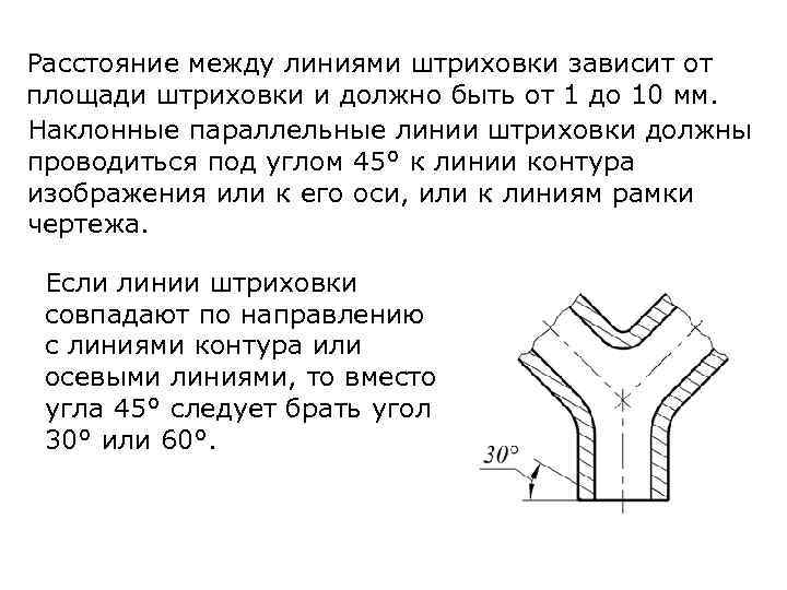 Расстояние между линиями штриховки зависит от площади штриховки и должно быть от 1 до