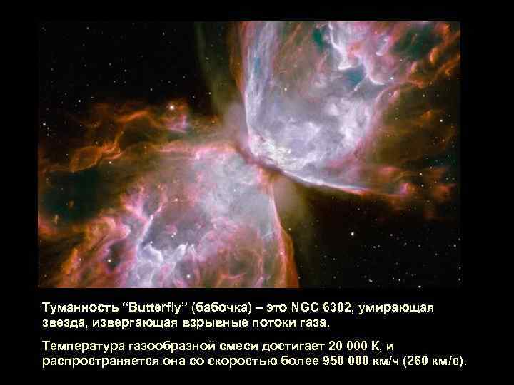 Туманность “Butterfly” (бабочка) – это NGC 6302, умирающая звезда, извергающая взрывные потоки газа. Температура