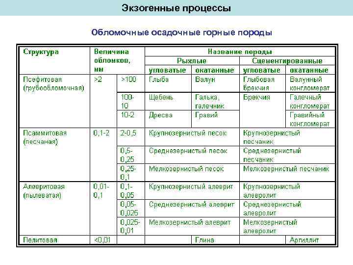 Экзогенные процессы Обломочные осадочные горные породы 