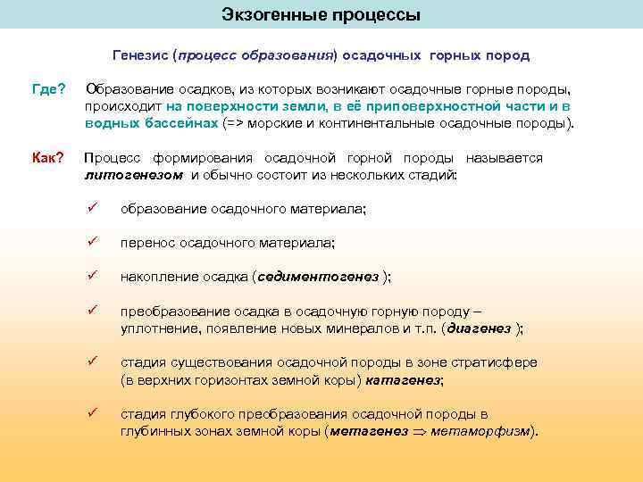 Экзогенные процессы Генезис (процесс образования) осадочных горных пород Где? Образование осадков, из которых возникают