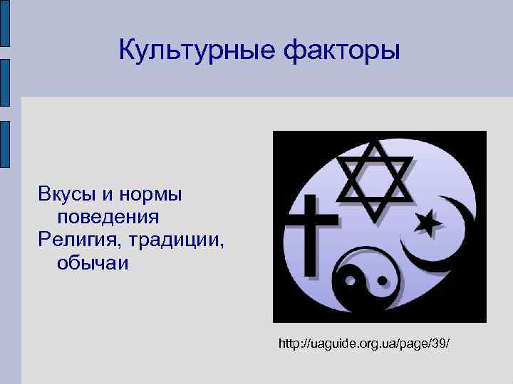 Культурные факторы Вкусы и нормы поведения Религия, традиции, обычаи http: //uaguide. org. ua/page/39/ 