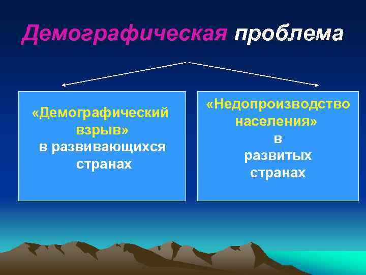 Демографическая проблема «Демографический взрыв» в развивающихся странах «Недопроизводство населения» в развитых странах 