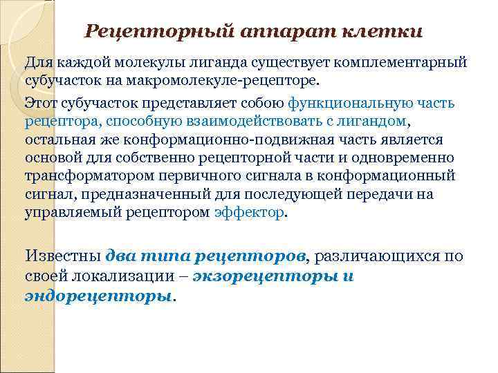 Рецепторный аппарат клетки Для каждой молекулы лиганда существует комплементарный субучасток на макромолекуле-рецепторе. Этот субучасток