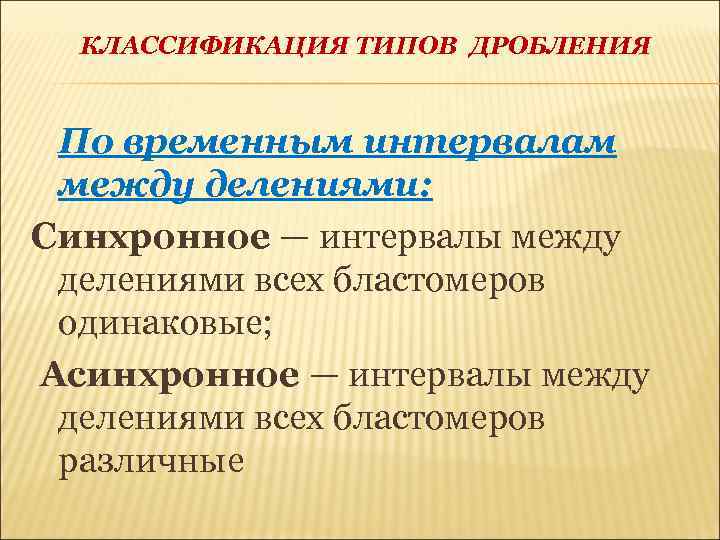 КЛАССИФИКАЦИЯ ТИПОВ ДРОБЛЕНИЯ По временным интервалам между делениями: Синхронное — интервалы между делениями всех