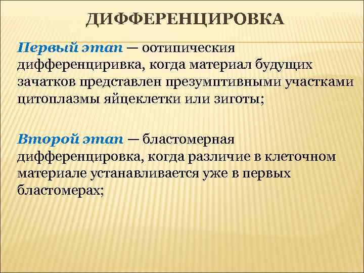 ДИФФЕРЕНЦИРОВКА Первый этап — оотипическия дифференциривка, когда материал будущих зачатков представлен презумптивными участками цитоплазмы