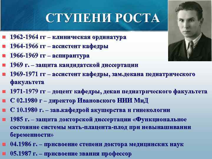 СТУПЕНИ РОСТА n n n 1962 -1964 гг – клиническая ординатура 1964 -1966 гг