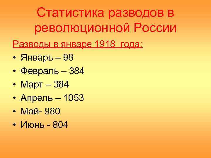 Статистика разводов в революционной России Разводы в январе 1918 года: • Январь – 98