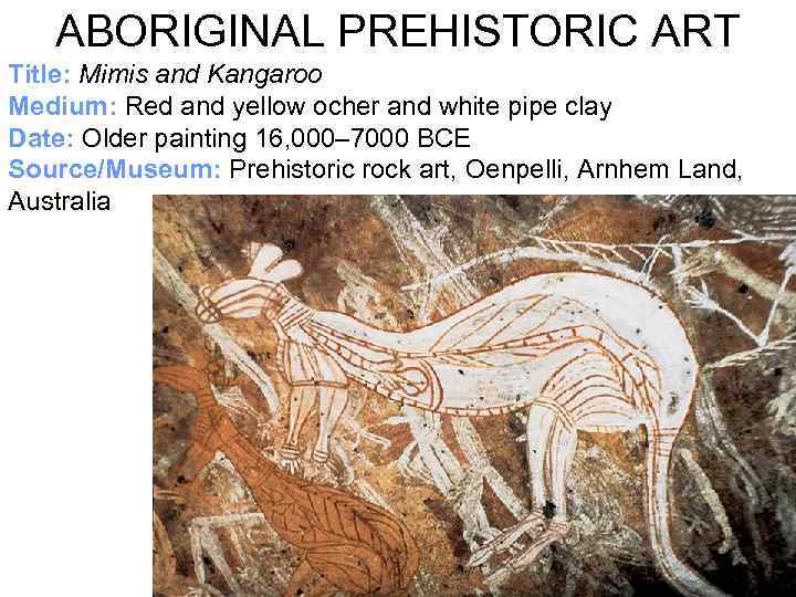 ABORIGINAL PREHISTORIC ART Title: Mimis and Kangaroo Medium: Red and yellow ocher and white
