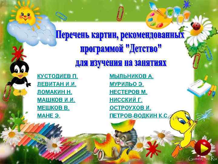 КУСТОДИЕВ П. ЛЕВИТАН И. И. ЛОМАКИН Н. МАШКОВ И. И. МЕШКОВ В. МАНЕ Э.