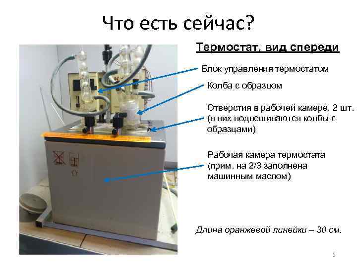 Что есть сейчас? Термостат, вид спереди Блок управления термостатом Колба с образцом Отверстия в