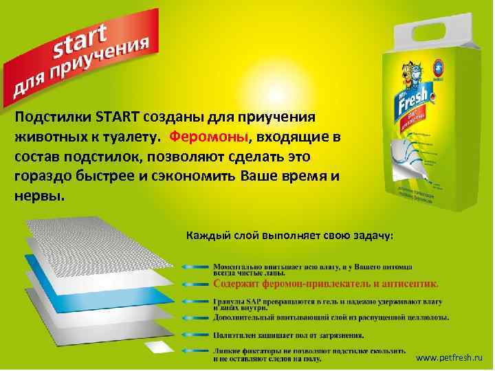 Подстилки START созданы для приучения животных к туалету. Феромоны, входящие в состав подстилок, позволяют