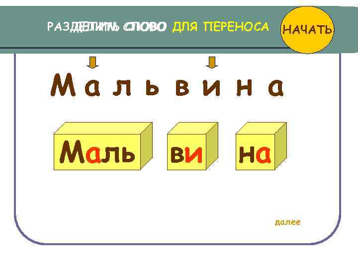 РАЗДЕЛИТЬ СЛОВО ДЛЯ ПЕРЕНОСА ДЕЛИМ СЛОВО НАЧАТЬ Ма л ь в и н а