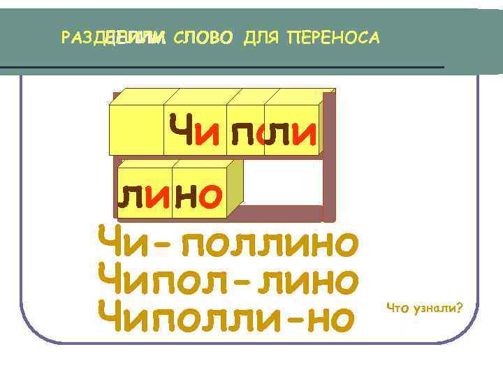 РАЗДЕЛИЛИ СЛОВО ДЛЯ ПЕРЕНОСА ДЕЛИМ Чи пол ли лино Чи-поллино Чипол- лино Чиполли-но Что