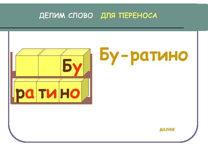 ДЕЛИМ СЛОВО Бу ра ти но ДЛЯ ПЕРЕНОСА Бу- ратино далее 