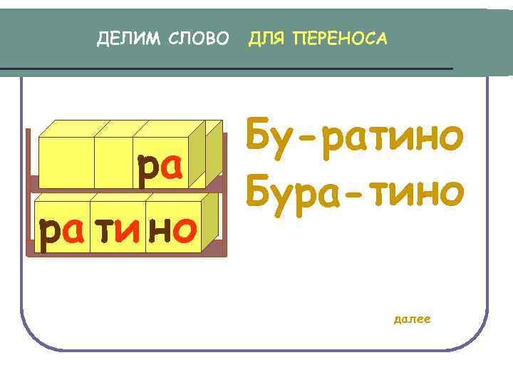 ДЕЛИМ СЛОВО ДЛЯ ПЕРЕНОСА Бу-ратино ра Бу Бура- тино ра ти но далее 