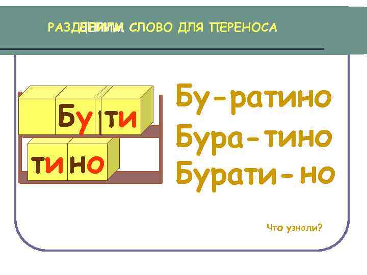 РАЗДЕЛИЛИ СЛОВО ДЛЯ ПЕРЕНОСА ДЕЛИМ Бу ра ти ти но Бу-ратино Бура- тино Бурати-