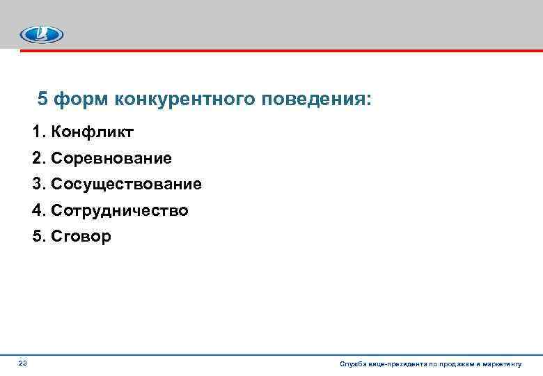 5 форм конкурентного поведения: 1. Конфликт 2. Соревнование 3. Сосуществование 4. Сотрудничество 5. Сговор