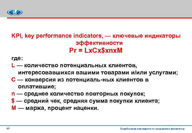 KPI, key performance indicators, — ключевые индикаторы эффективности Pr = Lx. Cx$xnx. M где: