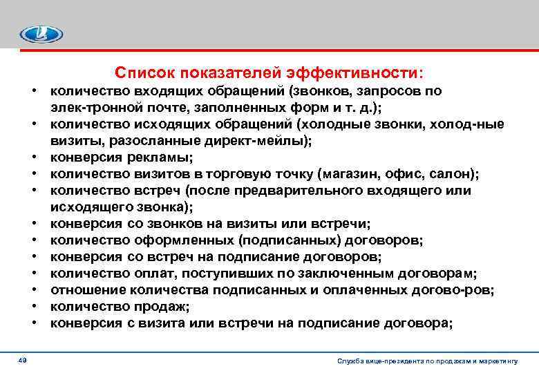 Список показателей эффективности: • количество входящих обращений (звонков, запросов по элек тронной почте, заполненных