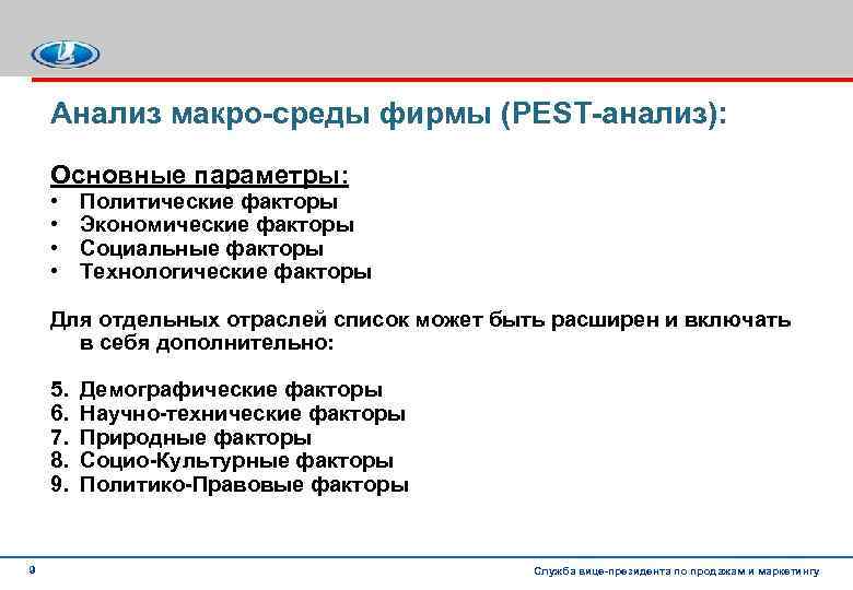 Анализ макро среды фирмы (PEST анализ): Основные параметры: • • Политические факторы Экономические факторы