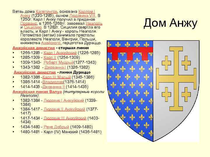 Ветвь дома Капетингов, основана Карлом I Анжу (1220 -1285), сыном Людовика VIII. В 1250