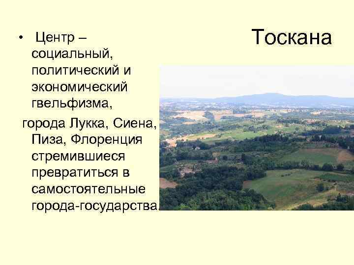  • Центр – социальный, политический и экономический гвельфизма, города Лукка, Сиена, Пиза, Флоренция