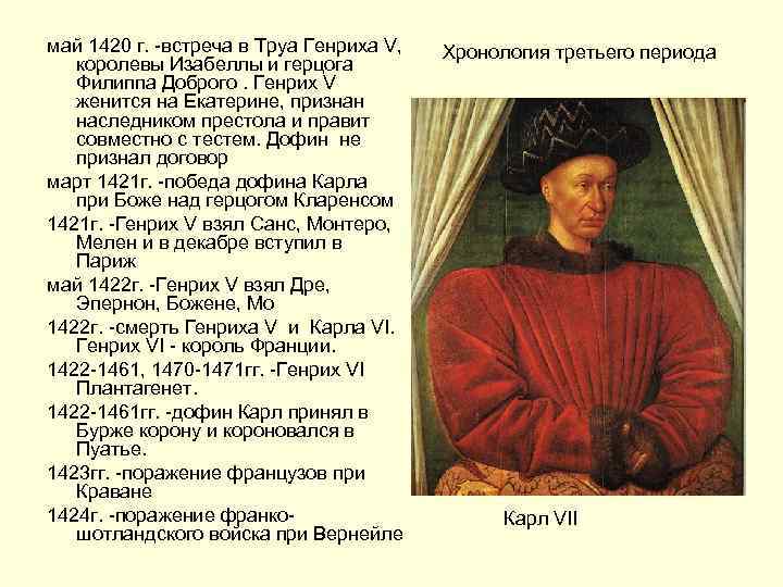 май 1420 г. -встреча в Труа Генриха V, королевы Изабеллы и герцога Филиппа Доброго.