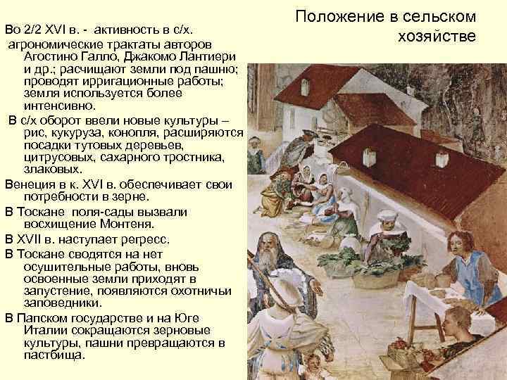 Во 2/2 XVI в. - активность в с/х. агрономические трактаты авторов Агостино Галло, Джакомо