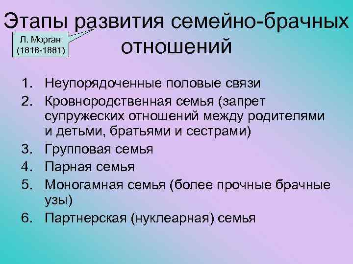 Этапы развития семейно-брачных Л. Морган (1818 -1881) отношений 1. Неупорядоченные половые связи 2. Кровнородственная
