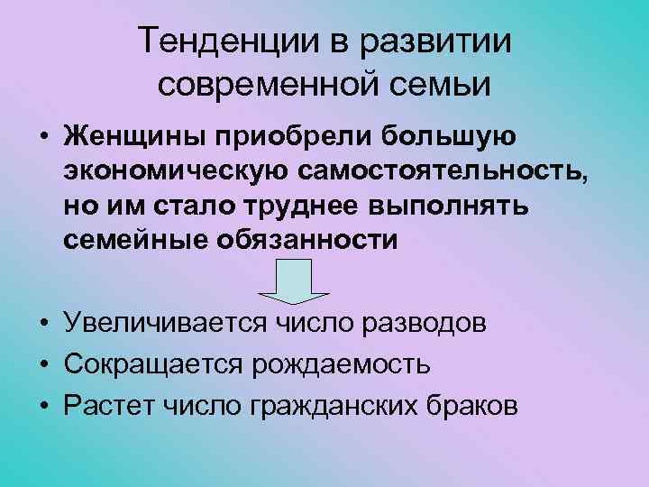 Тенденции в развитии современной семьи • Женщины приобрели большую экономическую самостоятельность, но им стало