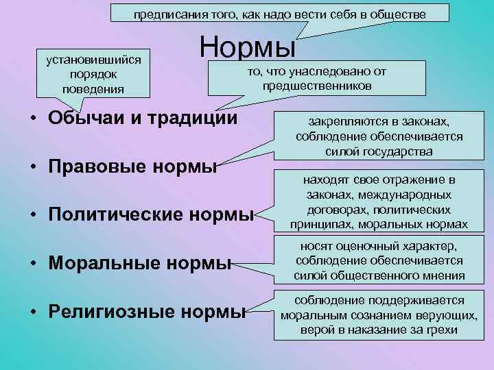 предписания того, как надо вести себя в обществе установившийся порядок поведения Нормы то, что