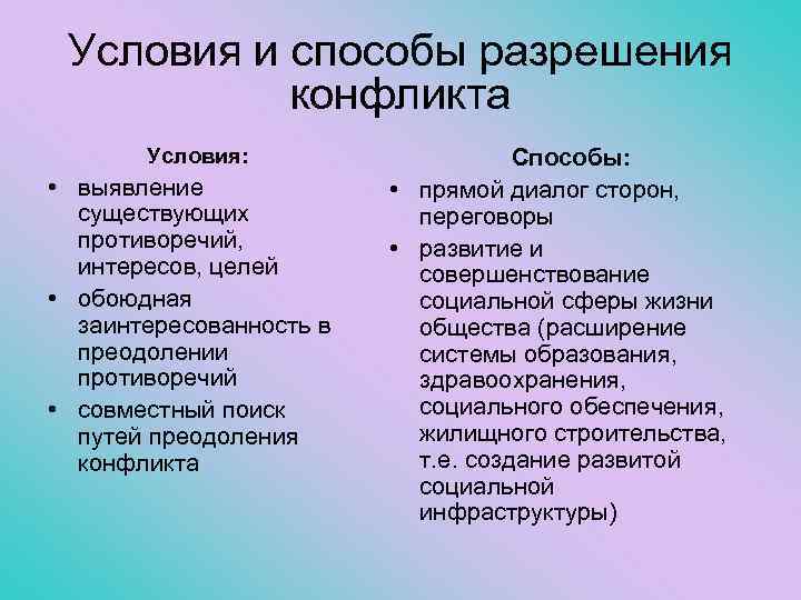 Условия и способы разрешения конфликта Условия: • выявление существующих противоречий, интересов, целей • обоюдная