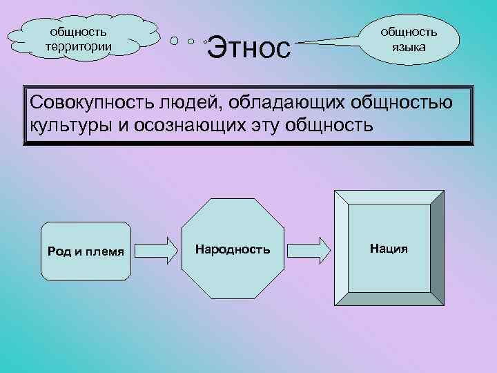 общность территории Этнос общность языка Совокупность людей, обладающих общностью культуры и осознающих эту общность