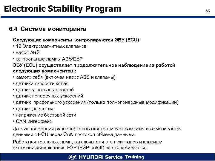 Electronic Stability Program 6. 4 Система мониторинга Следующие компоненты контролируются ЭБУ (ECU): • 12