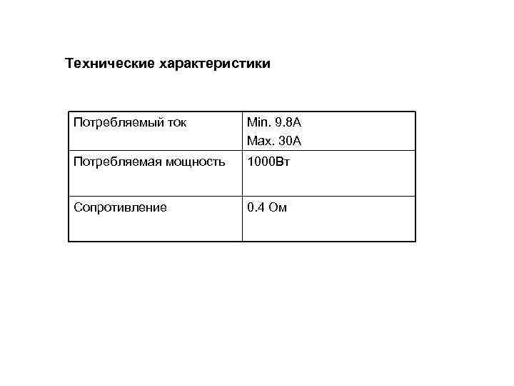 Технические характеристики Потребляемый ток Min. 9. 8 A Max. 30 A Потребляемая мощность 1000