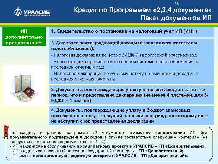 15 Кредит по Программам « 2, 3, 4 документа» . Пакет документов ИП ИП