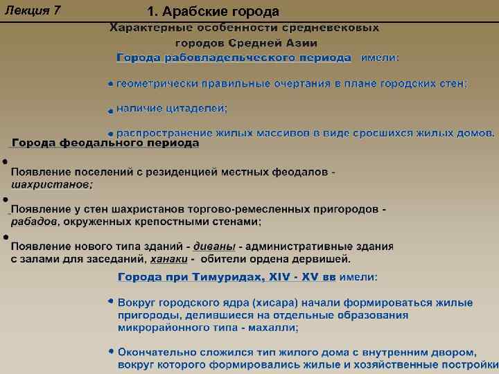Лекция 7 1. Арабские города 