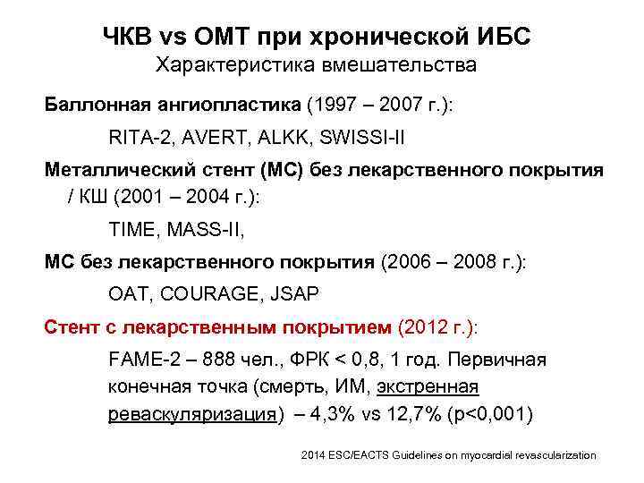 ЧКВ vs ОМТ при хронической ИБС Характеристика вмешательства Баллонная ангиопластика (1997 – 2007 г.