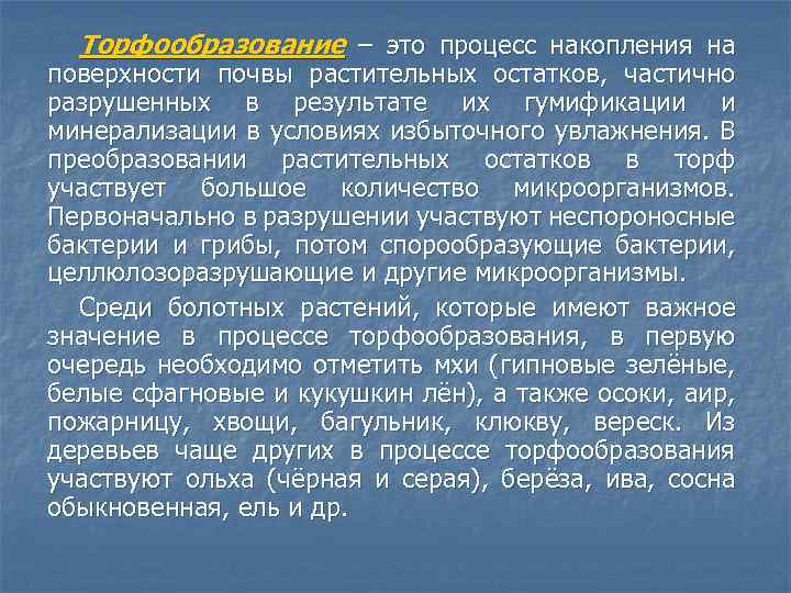 Торфообразование – это процесс накопления на поверхности почвы растительных остатков, частично разрушенных в результате