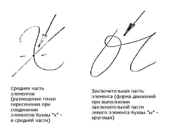 Средняя часть элементов (размещение точки пересечения при соединении элементов буквы 
